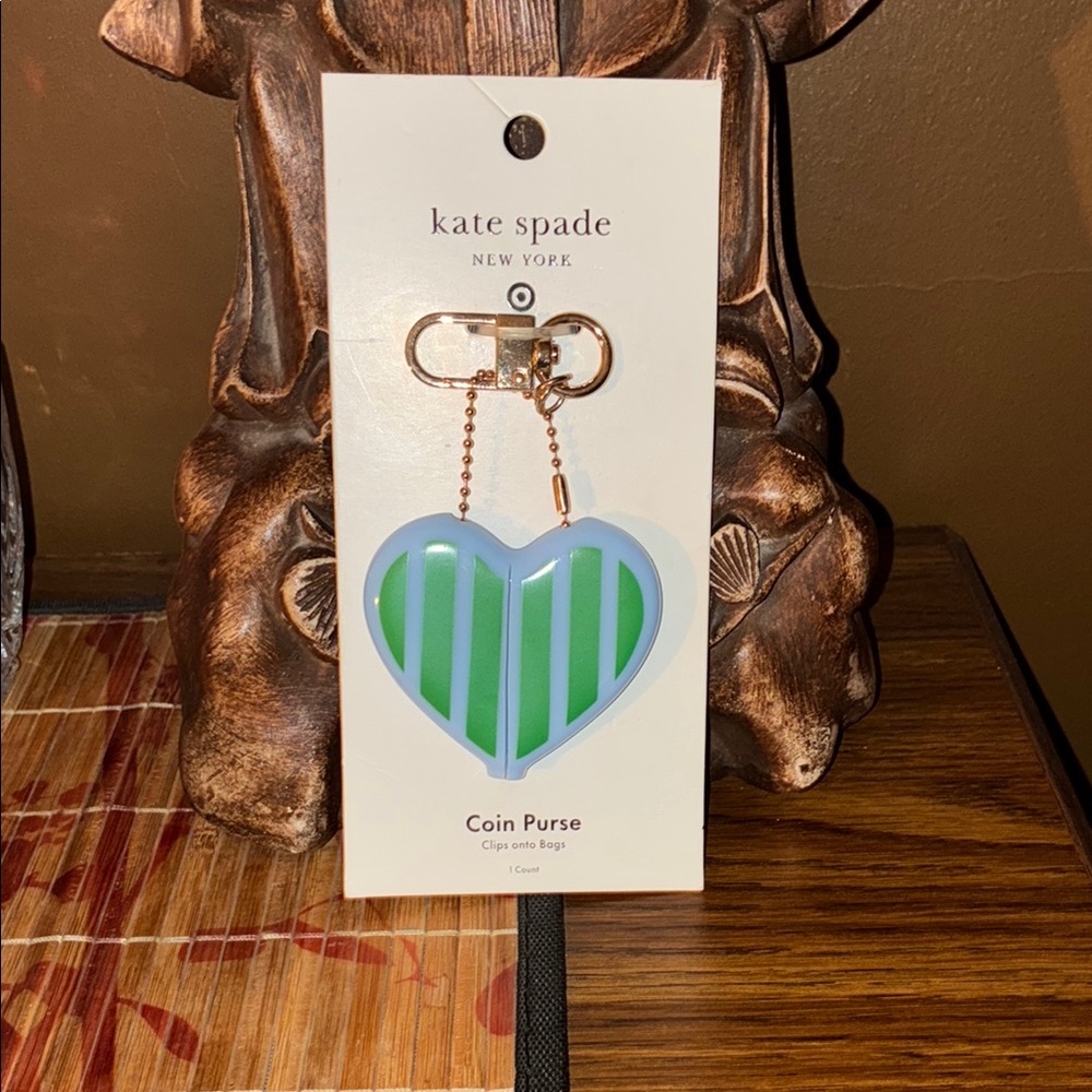 Kate Spade Green and White Striped Heart Coin Pouch